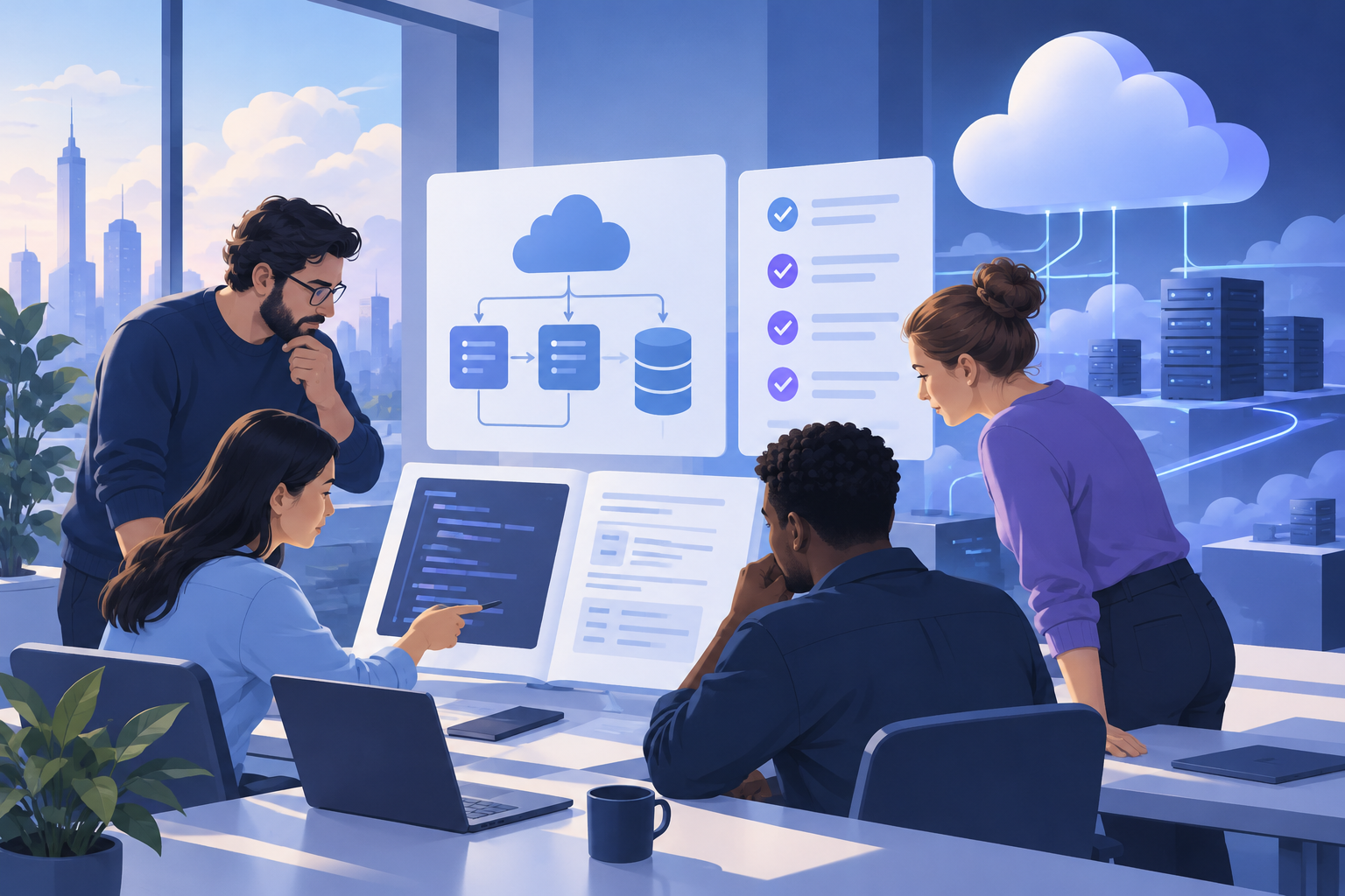 A team reviewing API documentation and integration test results before choosing a business application