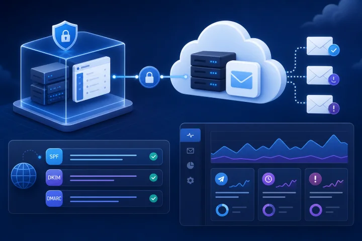 Team operativo che esamina le impostazioni di consegna delle email transazionali per un'applicazione aziendale self-hosted