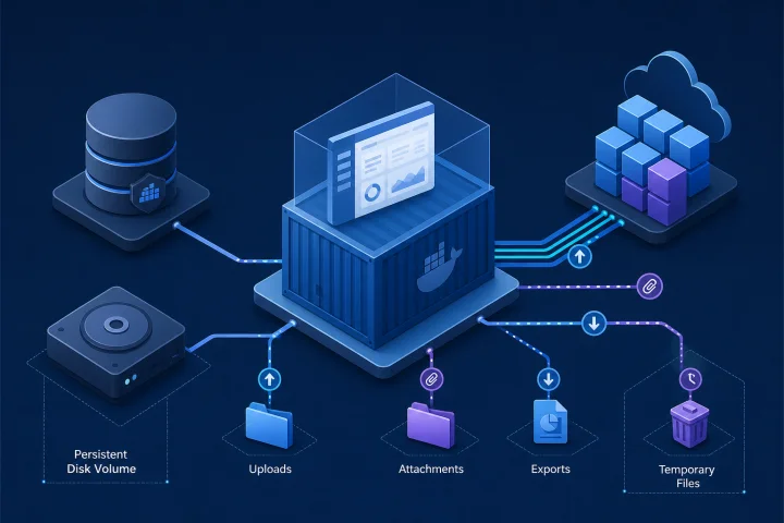 Diagramma che mostra un’applicazione self-hosted, database, volume persistente, object storage e flusso di backup
