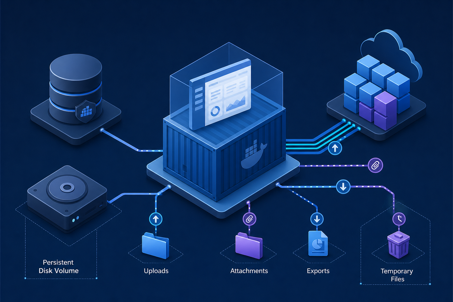 Diagrama que muestra una aplicación autoalojada, una base de datos, un volumen persistente, almacenamiento de objetos y un flujo de trabajo de copias de seguridad