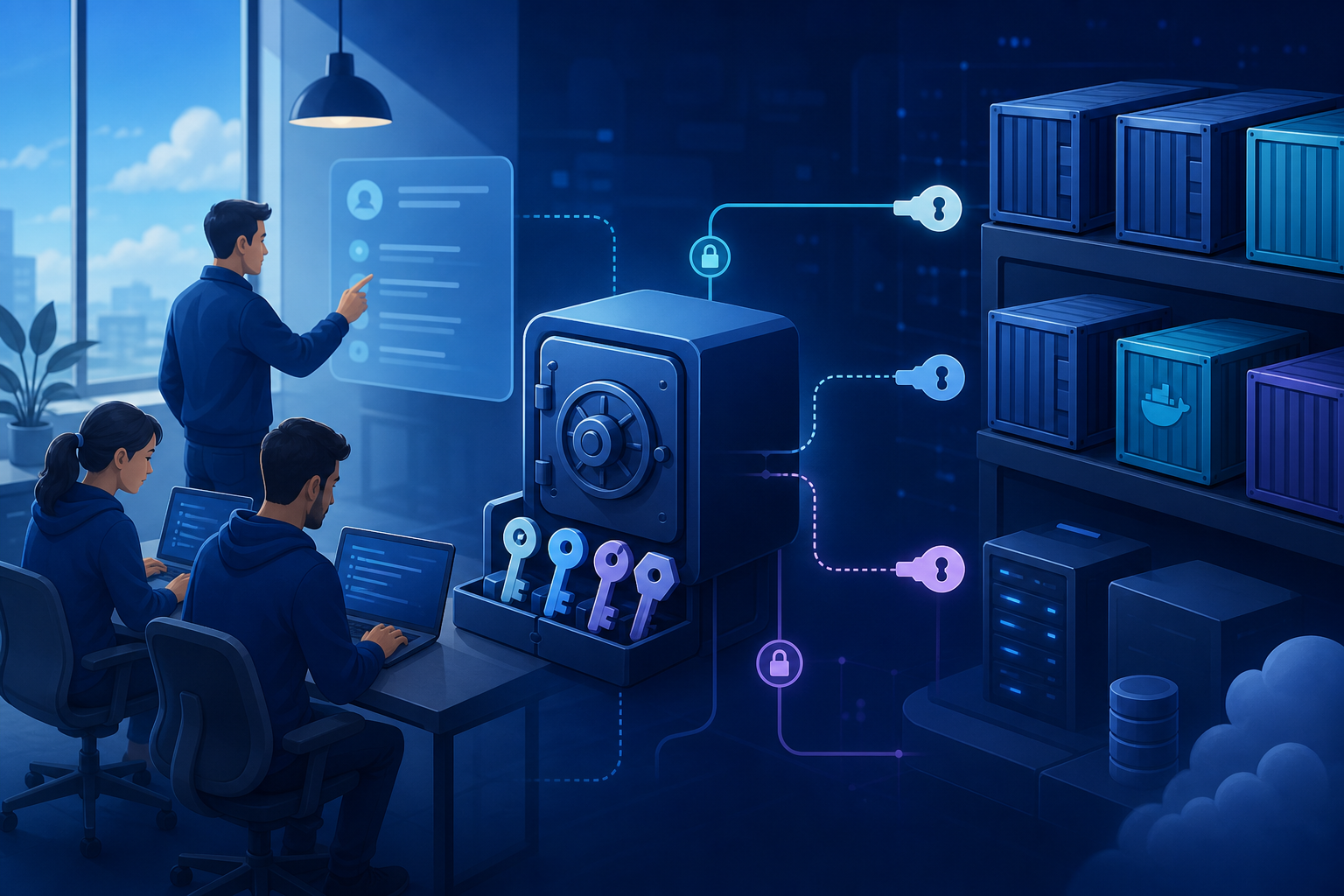 Betriebsteam prüft ein sicheres Secrets-Register für selbst gehostete Docker-Anwendungen