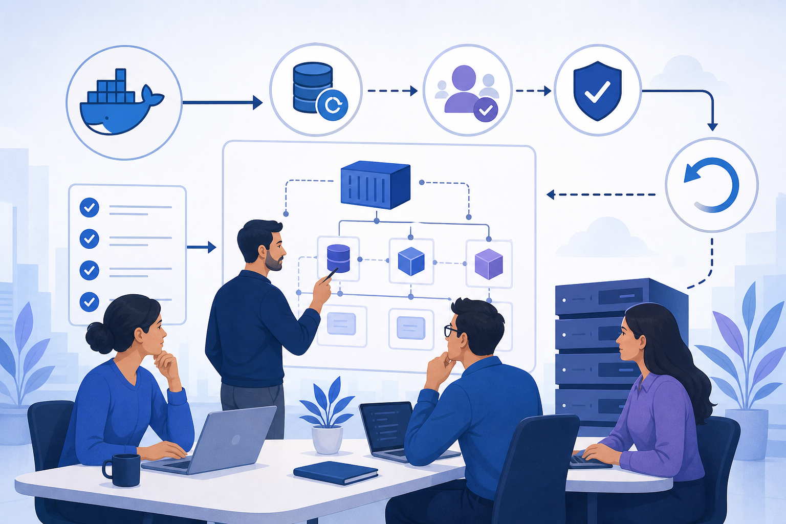 Team operativo che esamina una checklist di aggiornamento e un piano di distribuzione per un'applicazione self-hosted