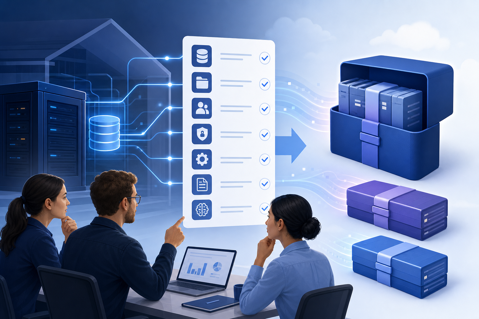 Equipo revisando una lista de verificación de exportación de datos junto a registros de la aplicación, archivos adjuntos y copias de seguridad de bases de datos