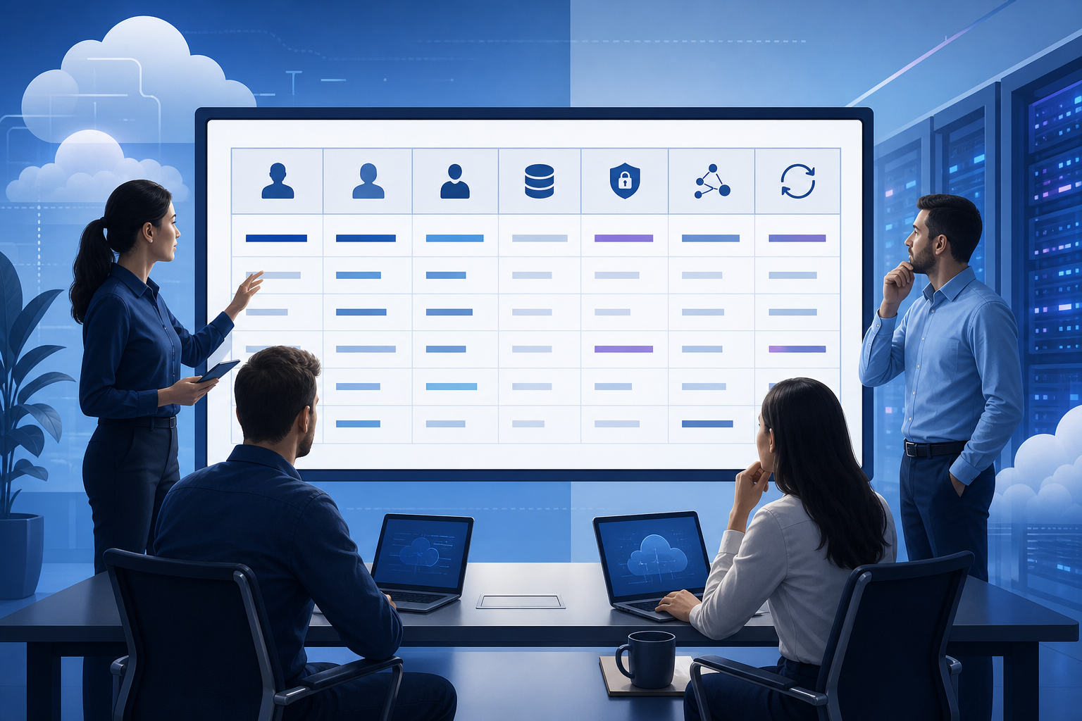 Equipa de operações a analisar um registo de responsabilidades de aplicações para software empresarial autoalojado