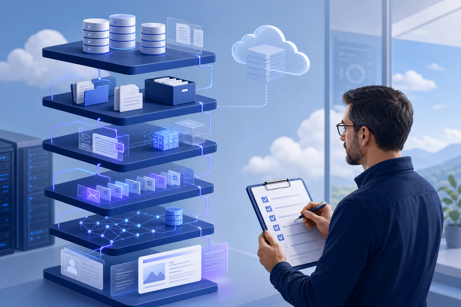 Equipo de operaciones mapeando la base de datos, el almacenamiento de archivos, el índice de búsqueda y el flujo de recuperación de una aplicación autoalojada