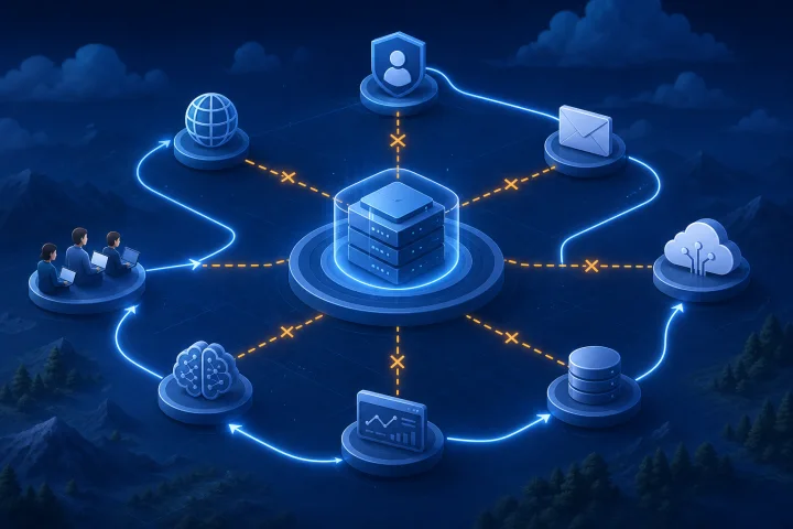 Team operativo che esamina un registro di resilienza delle dipendenze per un'applicazione self-hosted