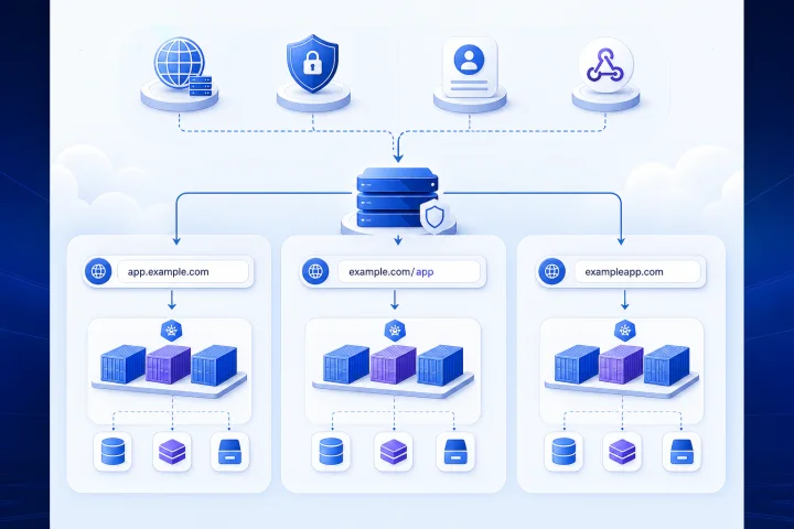Diagramma che confronta un sottodominio, una sottodirectory e un dominio separato per un'applicazione self-hosted