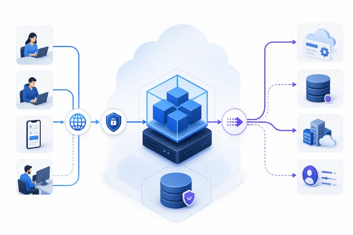 Diagramma che mostra un’applicazione self-hosted che riceve traffico web in ingresso ed effettua connessioni in uscita verso servizi esterni