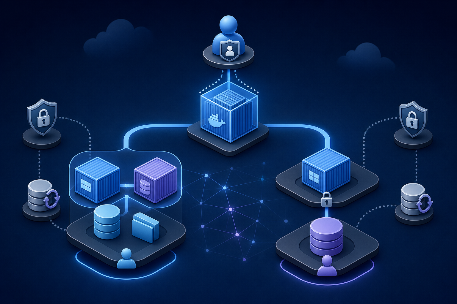 Diagrama que mostra uma aplicação autoalojada ligada a um contentor de base de dados integrada ou a uma base de dados externa operada separadamente