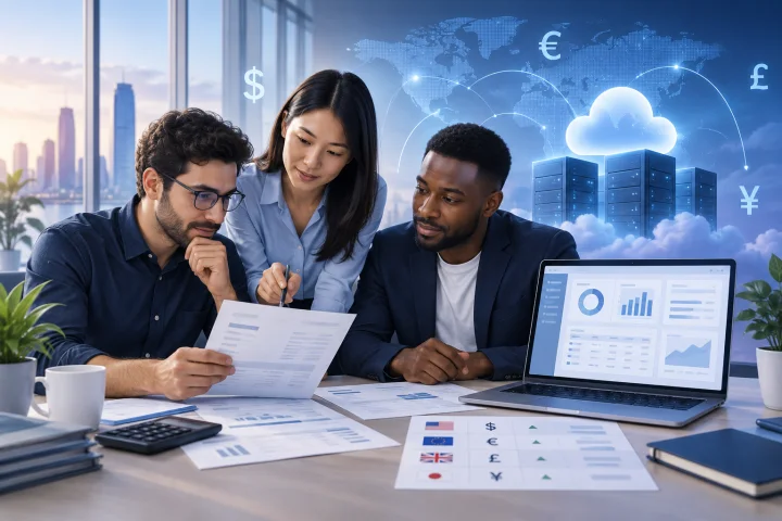 Kleines Unternehmensteam prüft eine Prüfliste zur Bewertung eines Mehrwährungs-ERP