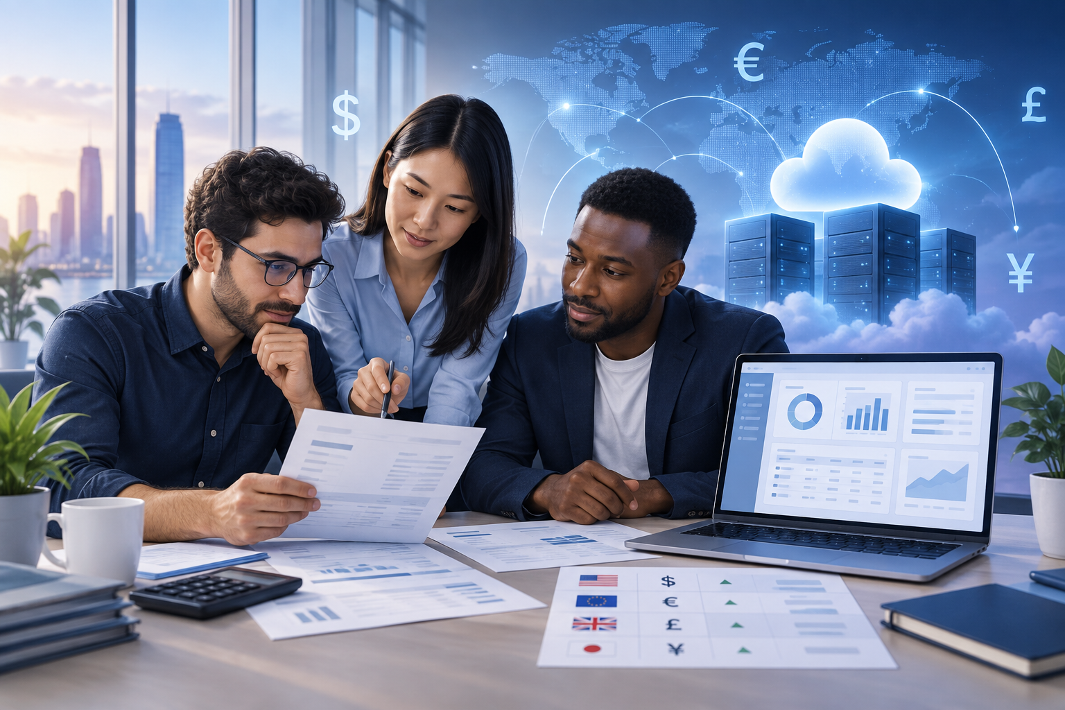 Une équipe de petite entreprise examine une grille d’évaluation d’un ERP multidevise