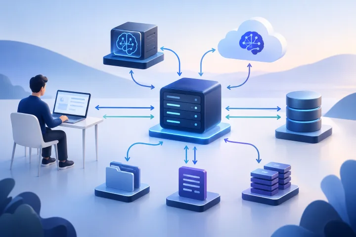Diagramma dei flussi di dati che mostra un’applicazione di IA self-hosted collegata a endpoint dei modelli, archiviazione, log e backup