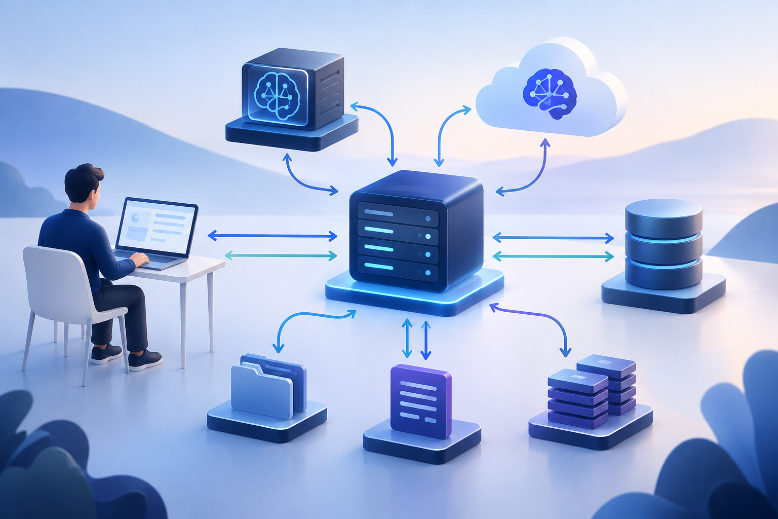 Diagramma dei flussi di dati che mostra un’applicazione di IA self-hosted collegata a endpoint dei modelli, archiviazione, log e backup