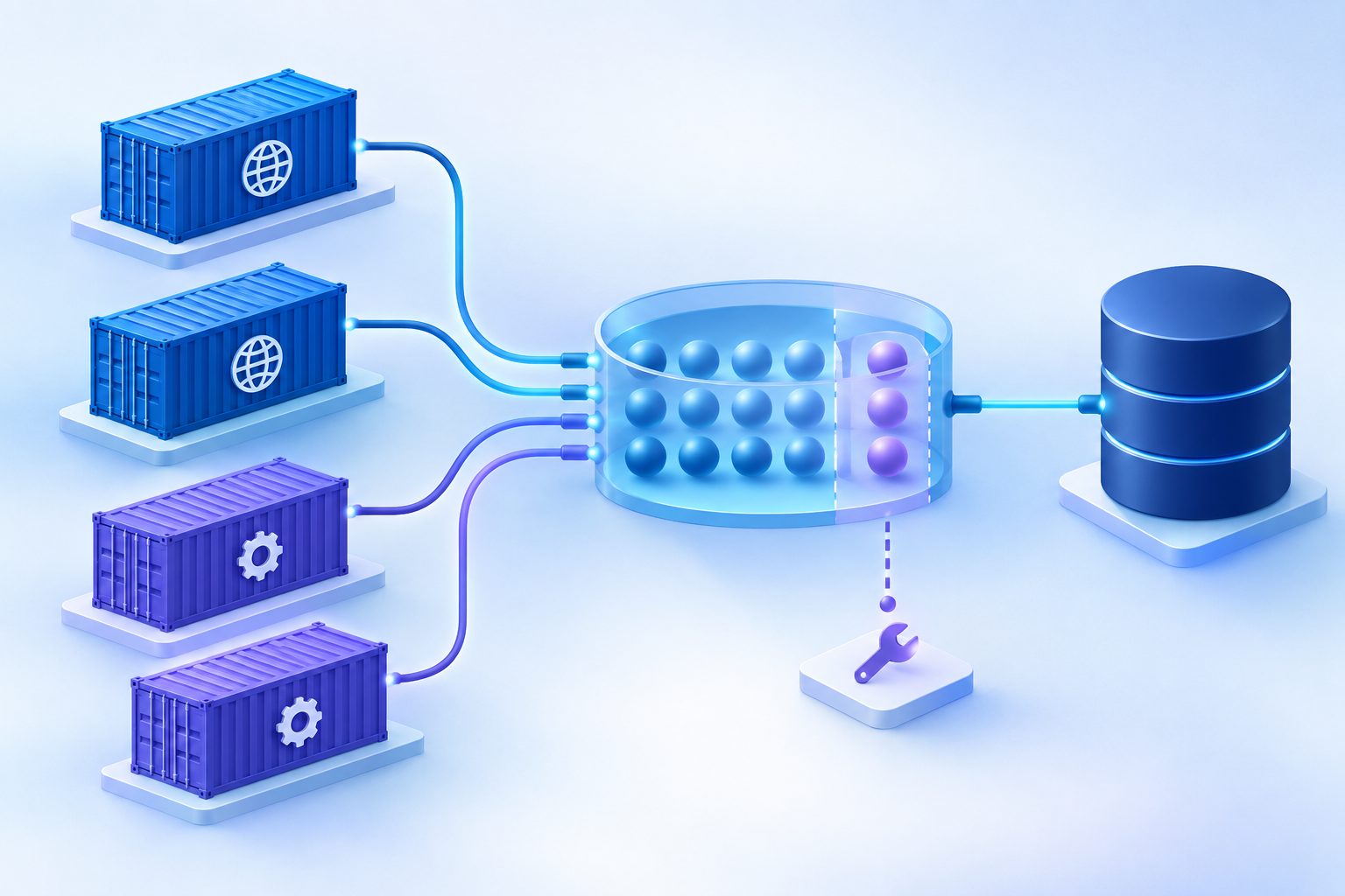 Diagram showing application containers and worker processes sharing a limited database connection budget