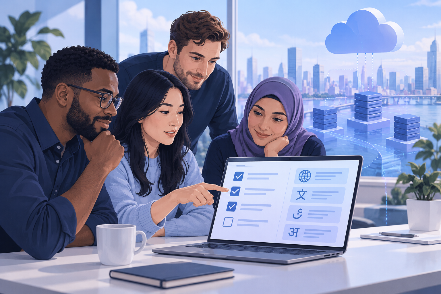 Team reviewing a multilingual business application checklist on a laptop