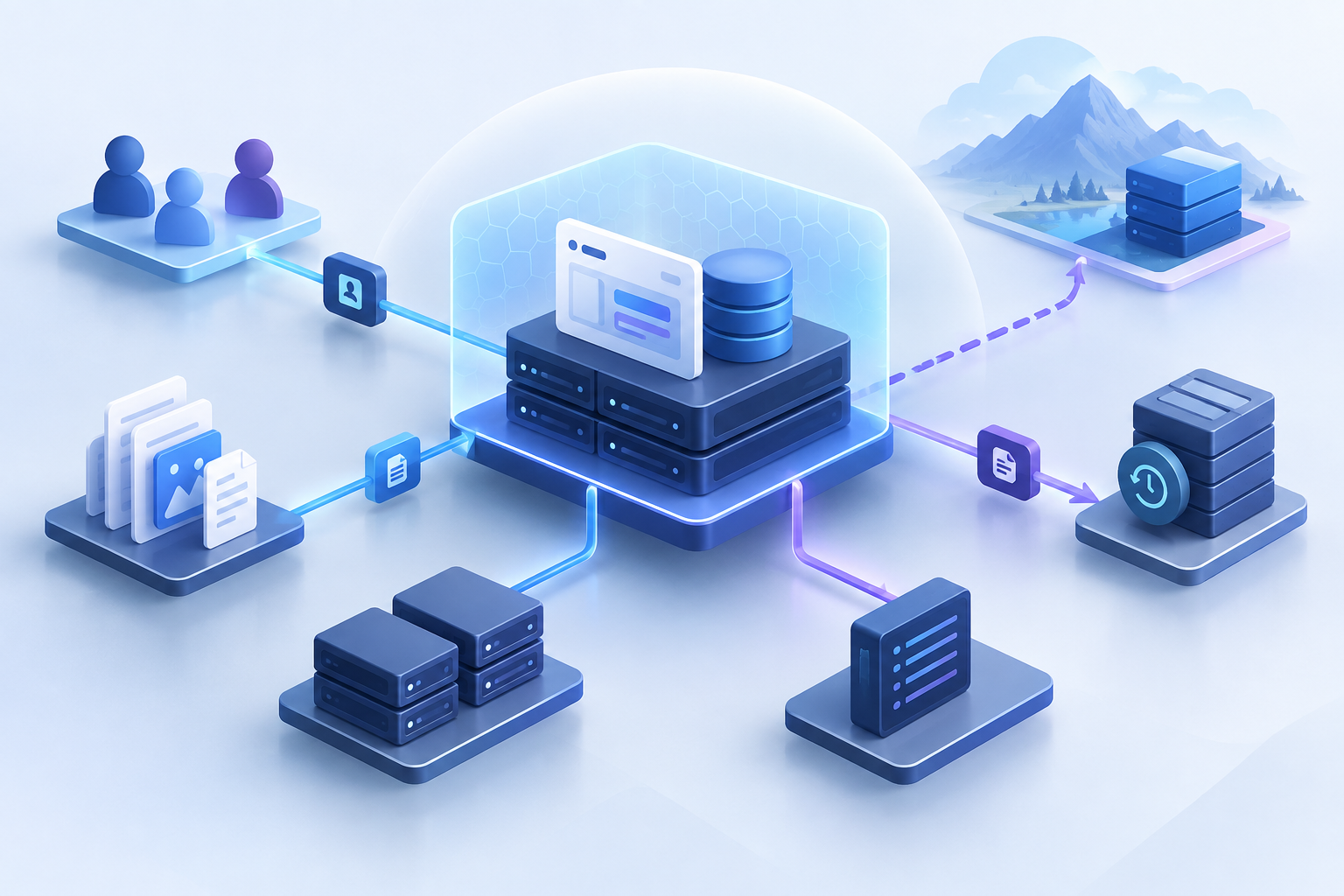 Übersicht einer selbst gehosteten Anwendung mit Datenbank, Dateien, Protokollen und Backup-Kopien als getrennt zu prüfende Speicherorte