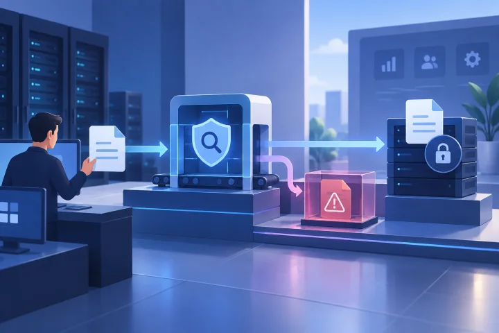 Administrator prüft einen sicheren Datei-Upload-Prozess mit Prüfschritten für Scans, Quarantäne und Zugriffskontrollen