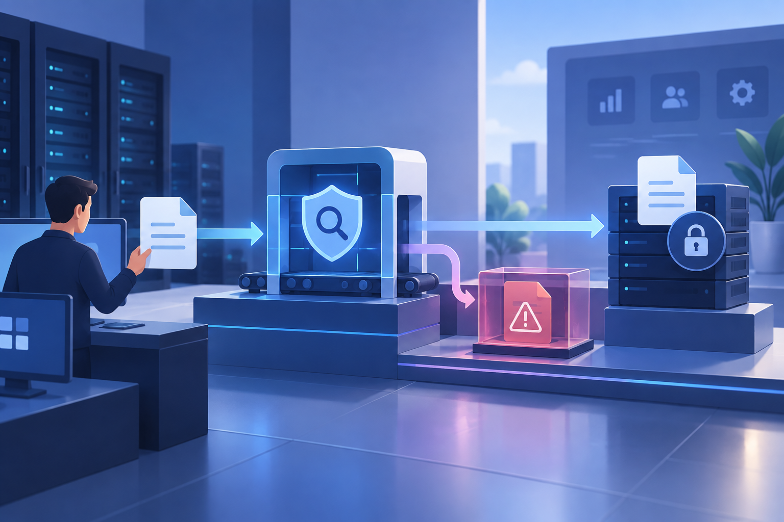 Administrator reviewing a secure file-upload workflow with scanning, quarantine, and access-control checkpoints