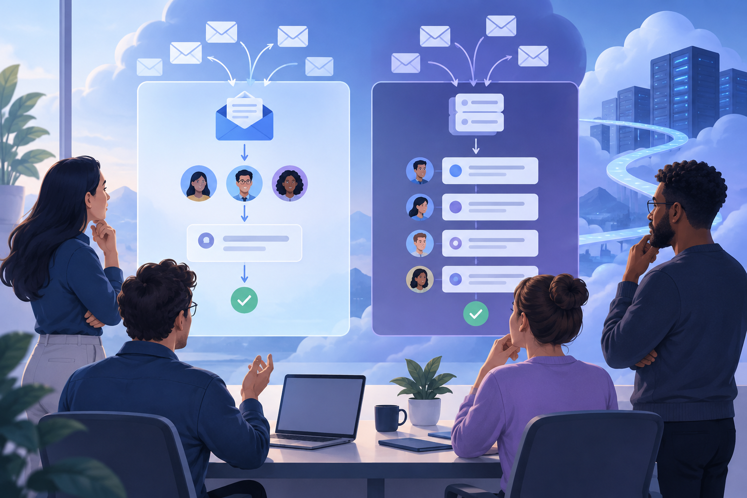 Un team di supporto confronta una casella email condivisa con una coda help desk strutturata