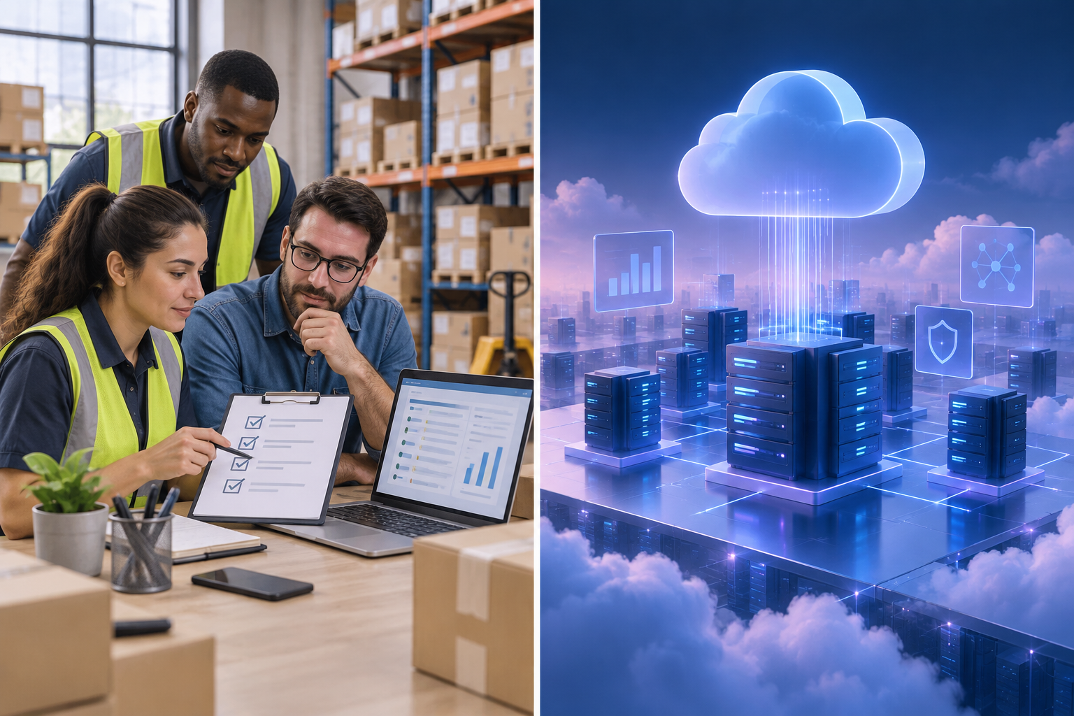 Equipe de uma pequena empresa testando fluxos de trabalho de um software de inventário e comparando opções de implantação