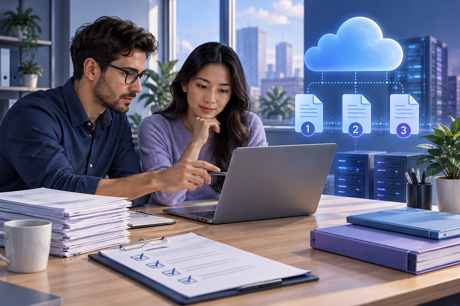 Équipe financière évaluant les workflows de numérotation des factures d’un ERP sur un ordinateur portable