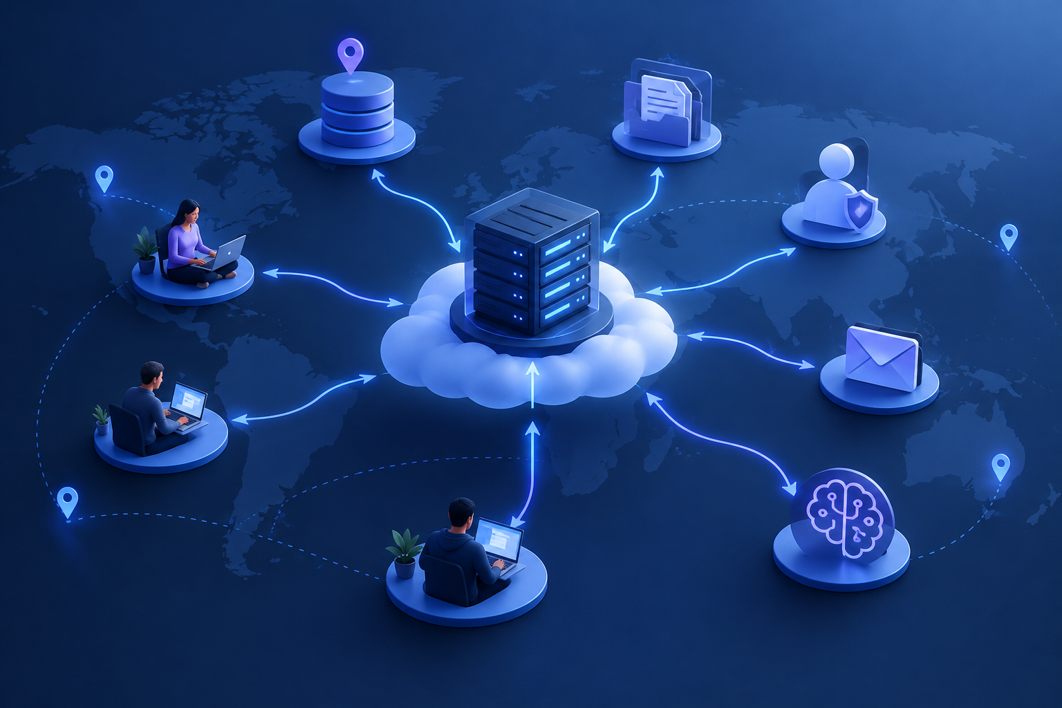 Diagram mapping a business application's users, server region, backups, logs, and connected services